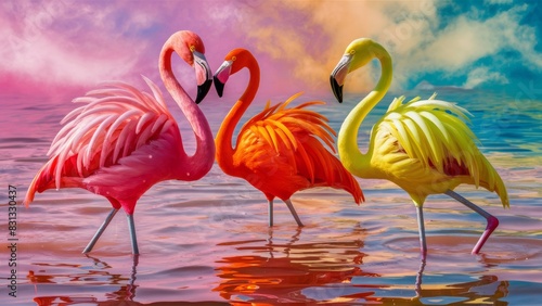 Bright and unique flamingos standing in shallow water. In shimmering pink  orange and yellow neon tones. They are surrounded by water  which reflects the multicolored sky. Promotional photo.