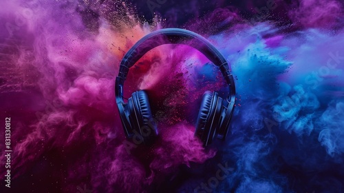 A pair of headphones is surrounded by colorful powder, creating a vibrant