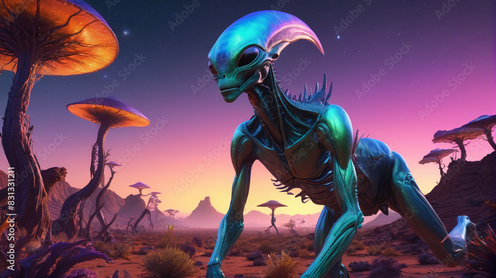 Amidst the Extraterrestrial Menagerie, alien creatures with iridescent scales and multiple limbs roam vast, surreal landscapes under the glow of alien suns, Generative AI Amidst the Extraterrestrial Menagerie, alien creatures with iridescent scales and multiple limbs roam vast, surreal landscapes under the glow of alien suns, Generative AI