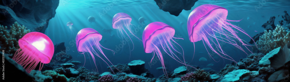 Fototapeta premium In the depths of the sea, a jellyfish is glowing neon