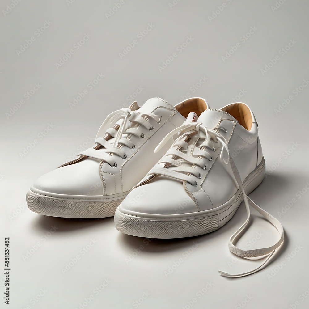 pair of white sneakers with the laces untied on a white background.