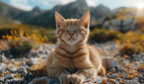 A relaxed orange tabby cat enjoys basking in nature, with a majestic mountain in the background photo