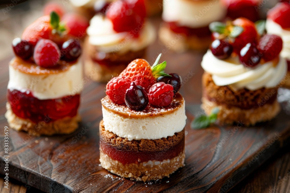 Mini White Chocolate Cheesecakes With Berries On Top Arranged On A Wooden Board, Closeup, Confectionery Advertising Concept Mini White Chocolate Cheesecakes With Berries On Top Arranged On A Wooden Board, Closeup, Confectionery Advertising Concept