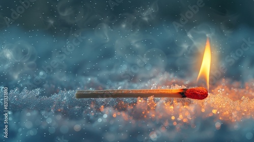 Burning matchstick on a snowy surface, digital sketch, detailed linework, vibrant colors, contrasting warmth and cold photo