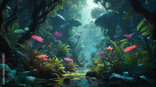 Within the Cosmic Jungle, creatures with bioluminescent patterns navigate through dense foliage, their forms blending seamlessly with the phosphorescent flora of their alien habitat, Generative AI photo