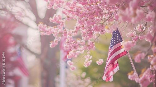 A photo of a weathered American flag hanging on a flagpole outside a historic courthouse, partially obscured by blooming cherry blossom trees. The delicate pink flowers create a beautiful contrast