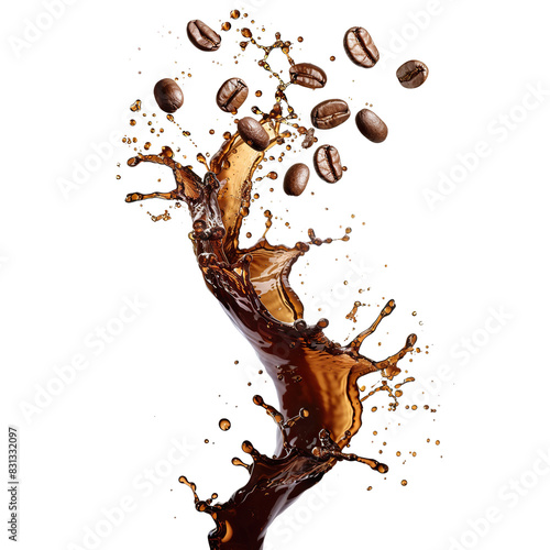 Roasted coffee beans splashing in delicious coffee, cut out