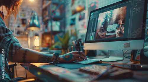 A man is typing on a laptop in front of a potted plant