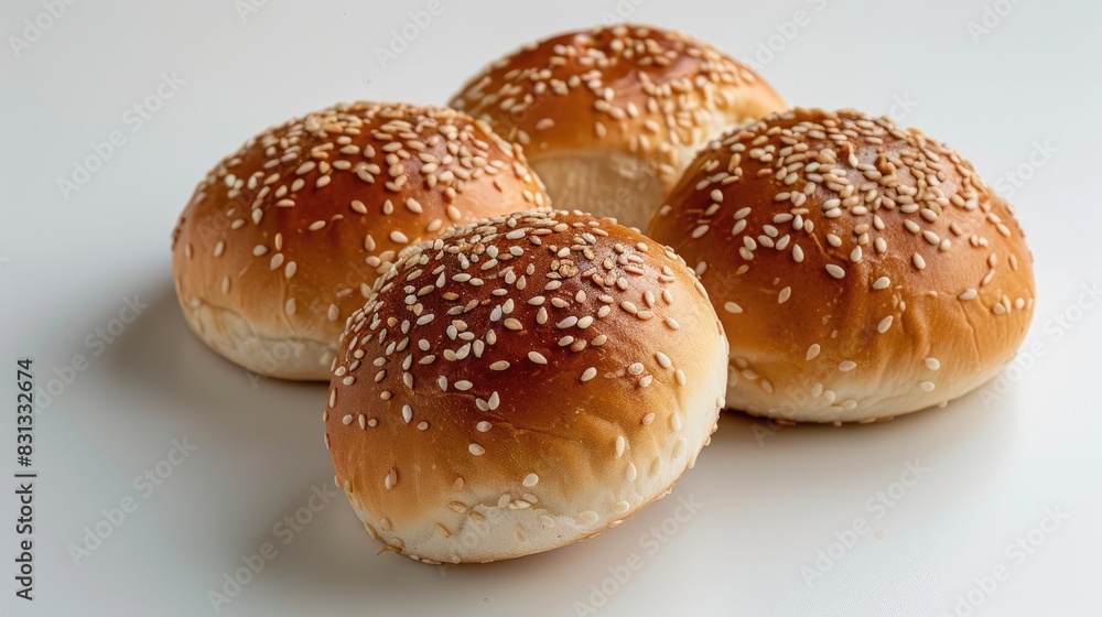 Homemade sesame seed buns with a delightful scent on a plain white backdrop Homemade sesame seed buns with a delightful scent on a plain white backdrop