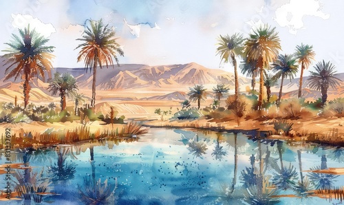 A desert oasis with palm trees and a crystalclear pond  surrounded by vast stretches of sand  tranquil and refreshing  pastel colors  watercolor technique 