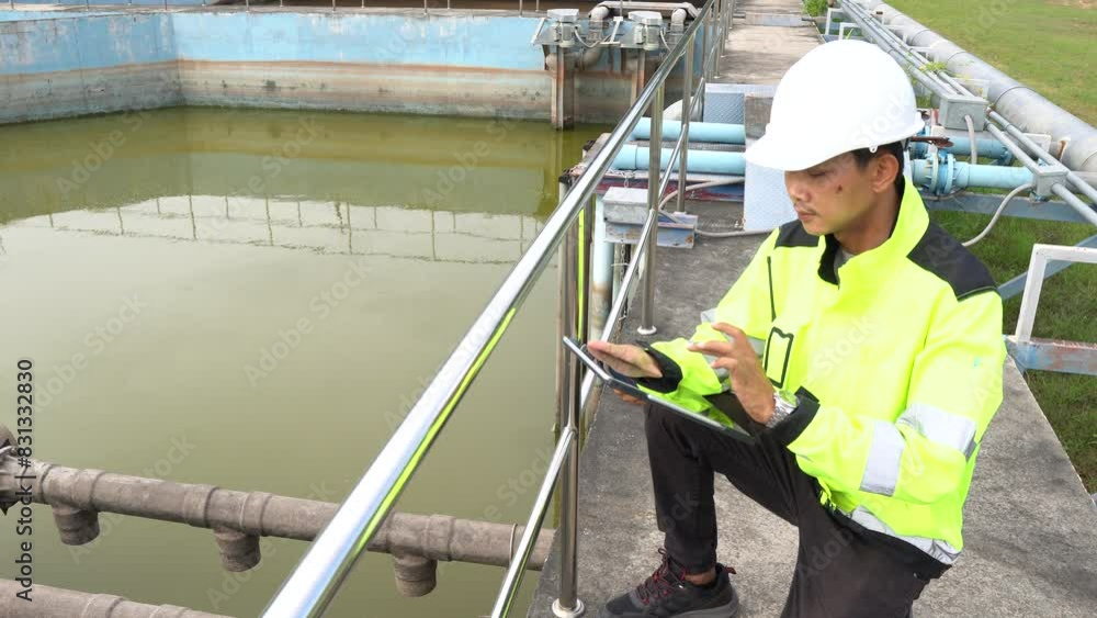Engineers and Technicians Working at a Water Treatment Plant, Overseeing the Process of Purifying Wastewater to Ensure Clean Water Supply for Public Use, Monitoring Systems and Maintenance Engineers and Technicians Working at a Water Treatment Plant, Overseeing the Process of Purifying Wastewater to Ensure Clean Water Supply for Public Use, Monitoring Systems and Maintenance