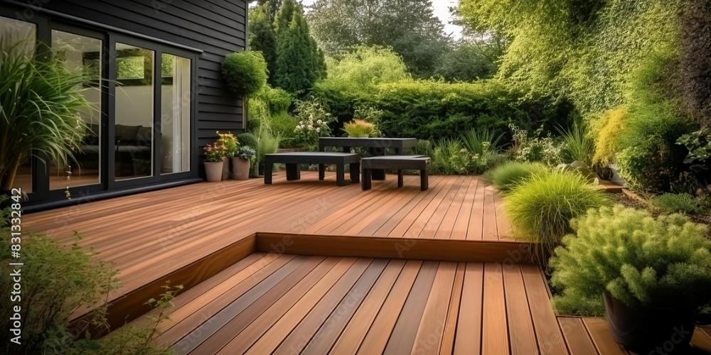 The exterior of a back garden patio area with wood decking.
