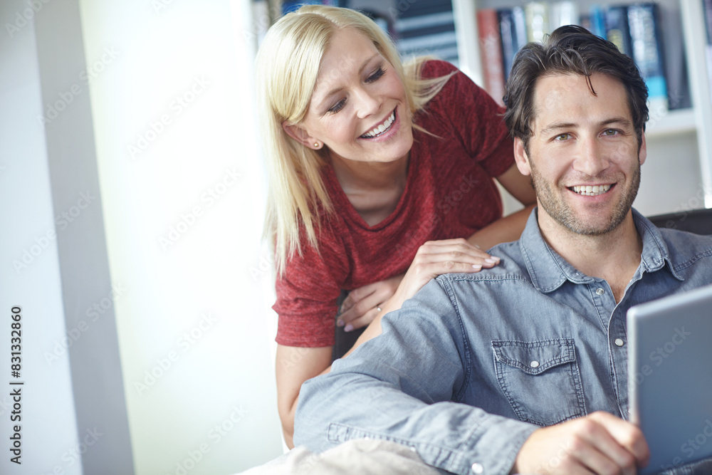 Happy, couple and home sofa with tablet or relaxing online, people smile and internet browse together on social media. Web, scrolling and relationship bonding, ecommerce and communication apartment Happy, couple and home sofa with tablet or relaxing online, people smile and internet browse together on social media. Web, scrolling and relationship bonding, ecommerce and communication apartment