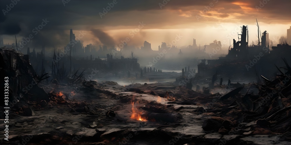 Apocalyptic Banner of a Devastated City After World War. Concept Apocalyptic Cityscape, Devastation, World War Fallout, Dystopian Landscape, Post-Apocalyptic Ruins