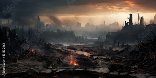 Apocalyptic Banner of a Devastated City After World War. Concept Apocalyptic Cityscape  Devastation  World War Fallout  Dystopian Landscape  Post-Apocalyptic Ruins