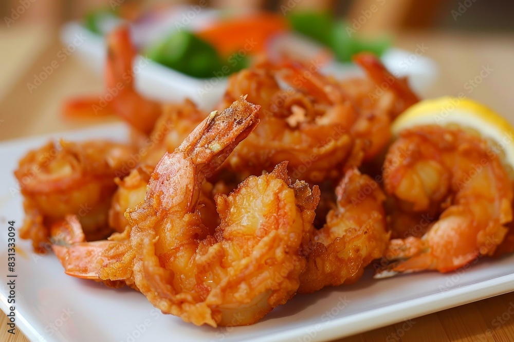 Golden fried shrimp served on a plate with lemon wedge and fresh greens in the background Golden fried shrimp served on a plate with lemon wedge and fresh greens in the background