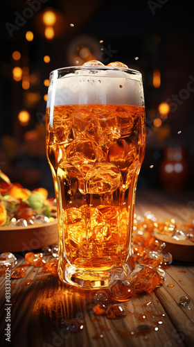 Closeup of foggy glass with frothy beer standing on the table of traditional pub.