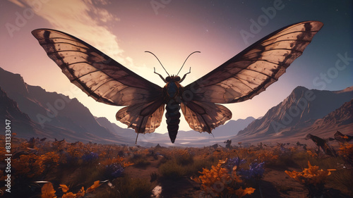 Amidst the Domain of the Behemoth Moth Empress, vast wingspan shadows stretch across the landscape, where subjects gather under the glow of lunar mothlight, Generative AI photo