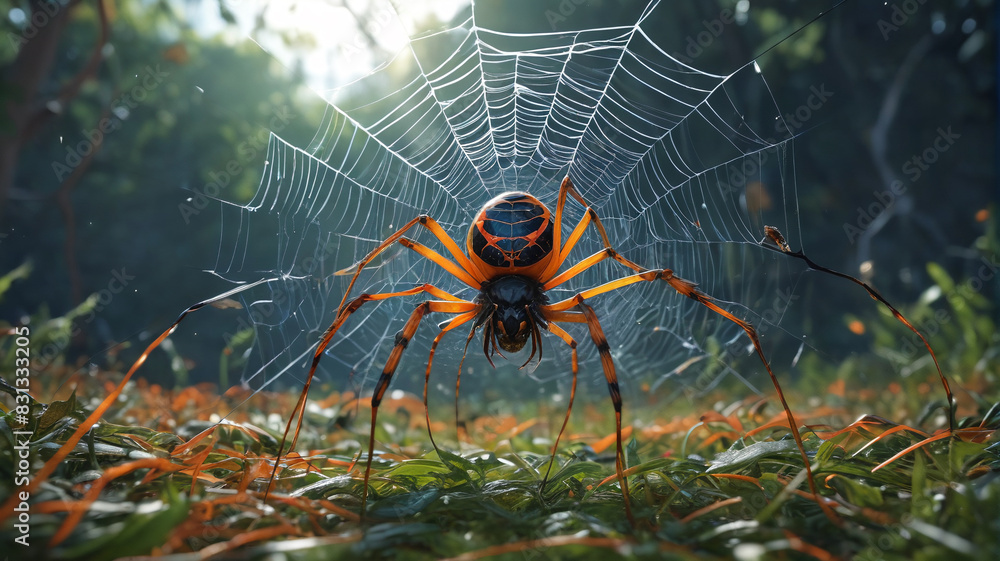 Obraz premium In the Empire of the Colossal Spider Monarch, labyrinthine webs ensnare prey within the vast expanse ruled by the eight-legged sovereign, Generative AI