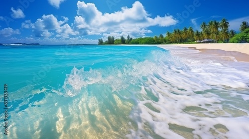 Fototapeta Naklejka Na Ścianę i Meble -  Tranquil maldives island  pristine beach, turquoise ocean, and blue sky panorama