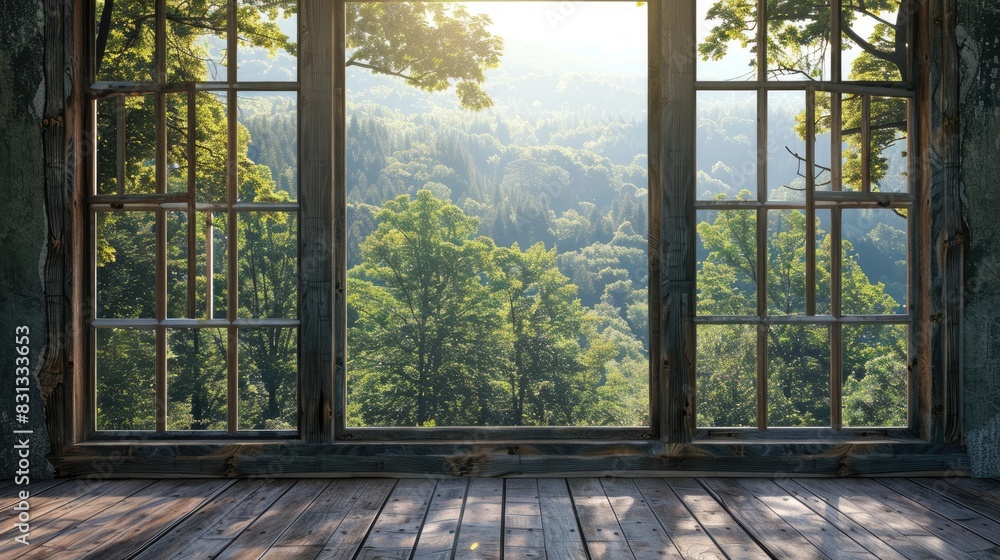 Fototapeta premium Vintage wooden window view overlooking a shining forest from a manor