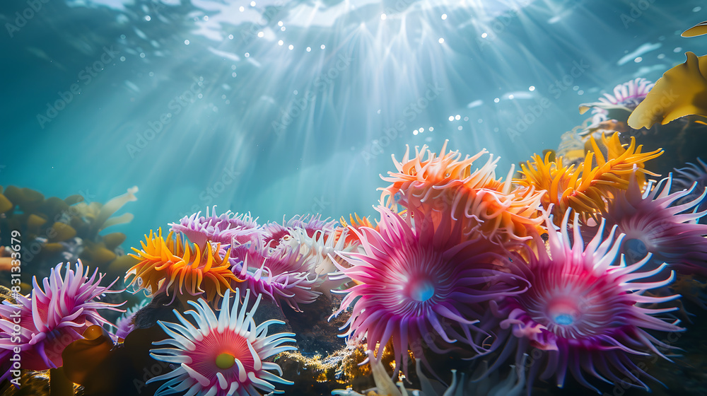 Fototapeta premium A colorful sea of sea anemones with a bright sun shining on them