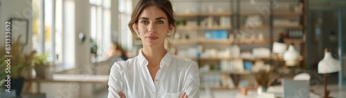 Wallpaper Mural Confident woman in a white shirt standing with arms crossed in a bright, modern office space, digital photography, high resolution, professional and clean Torontodigital.ca