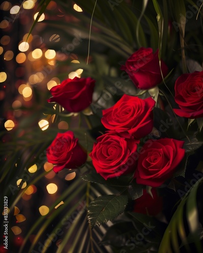 Elegant Red Roses with Soft Bokeh Lights and Lush Greenery