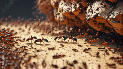 Amidst the Hive of the Ant Queen, diligent workers scurry about, tending to the needs of their bustling colony, Generative AI photo