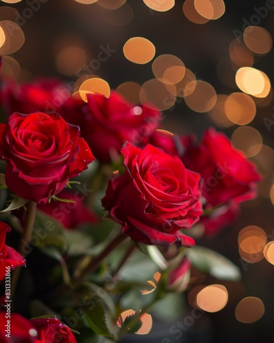 Vibrant Red Roses with Bokeh Lights in the Background  Perfect for Romantic Occasions