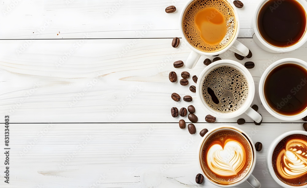Various Coffee Cups on White Wooden Table - Flat Lay Various Coffee Cups on White Wooden Table - Flat Lay