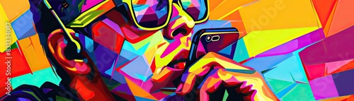 Visually impaired person using a smartphone with voice assistance, pop art style, bright colors, digital painting photo
