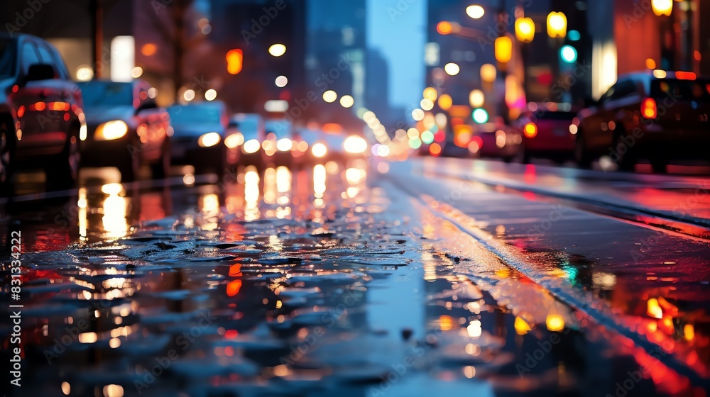Rainy city street at night with blurred lights reflecting in puddles.
