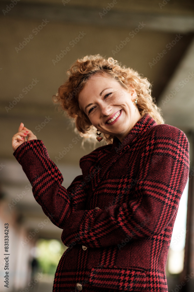Low point of view of happy young woman laughing in corridor. Low point of view of happy young woman laughing in corridor.