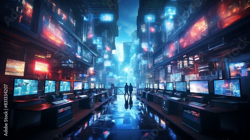 A person standing on a platform in a futuristic city. The city is full of tall buildings and bright lights. There is a moon in the sky and fireworks are exploding.