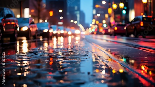 Rainy city street at night with blurred lights reflecting in puddles.