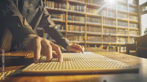 A person with a visual impairment reading a braille book in a modern library, Realism, Soft focus, Warm tones photo