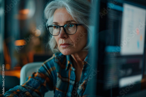 A senior woman with glasses shows a focused and concerned expression working at a computer photo