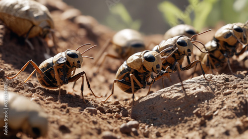Amidst the Colony of the Termite Monarch, mighty soldiers march in defense of their towering mounds, their mandibles ready to protect their queen at all costs, Generative AI