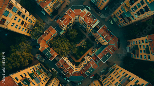 An aerial shot captures the unique circular architecture within Barcelona's dense cityscape photo