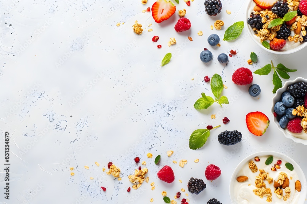 Colorful Healthy Food and Fruits with Granola on White Table Colorful Healthy Food and Fruits with Granola on White Table
