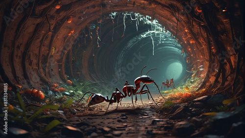 Amidst the Realm of the Massive Ant Queen  towering tunnels stretch into the darkness  where legions of oversized workers scurry in endless industry  Generative AI