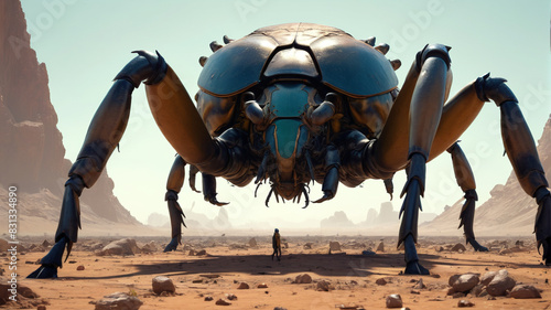 Within the Domain of the Giant Beetle King, colossal carapaces loom over a vast expanse, where workers toil under the watchful gaze of their towering ruler, Generative AI