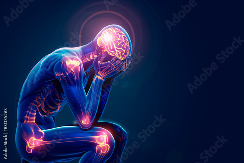 A detailed anatomical illustration of a human figure highlighting the brain and various joints in pain, depicted in vibrant colors against a dark background
