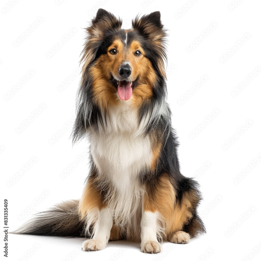 A Shetland sheepdog is sitting on a white background. A Shetland sheepdog is sitting on a white background.