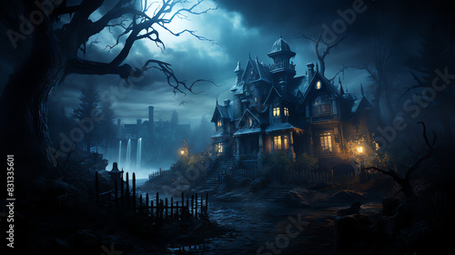 A creepy haunted house with a full moon in the background.   © Awais
