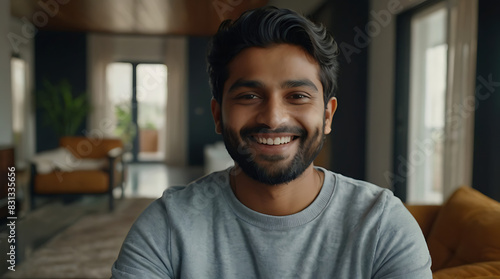 A Selfie picture of a happy young Indian millennial man smiling at the camera in the living room in a modern home with copy space 
