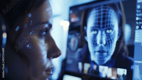 Profile view of a woman with digital face recognition patterns on a screen. Concept of biometric authentication  cyber security  and advanced technology.
