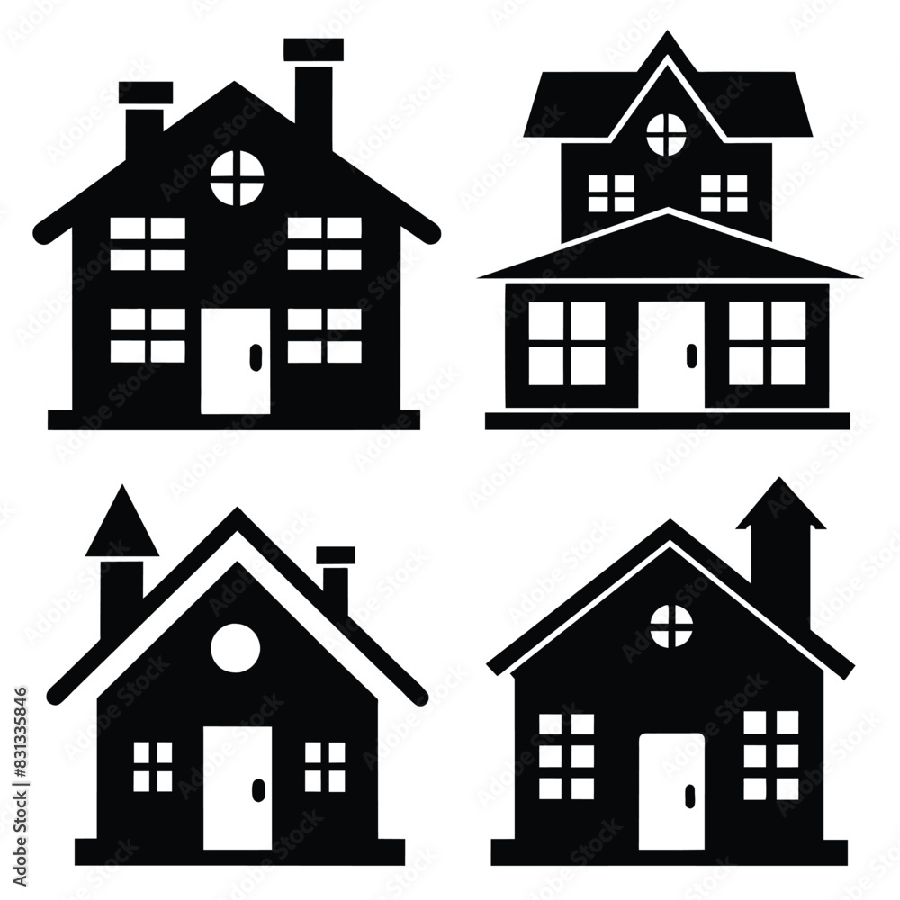 Set of Two store cottage different style icon black vector on white background