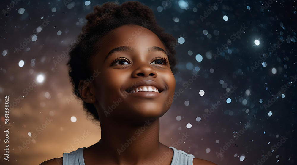 A close-up portrait of a happy black African girl looking up at the shiny stars with galaxy sky background and copy space
A close-up portrait of a happy black African girl looking up at the shiny stars with galaxy sky background and copy space